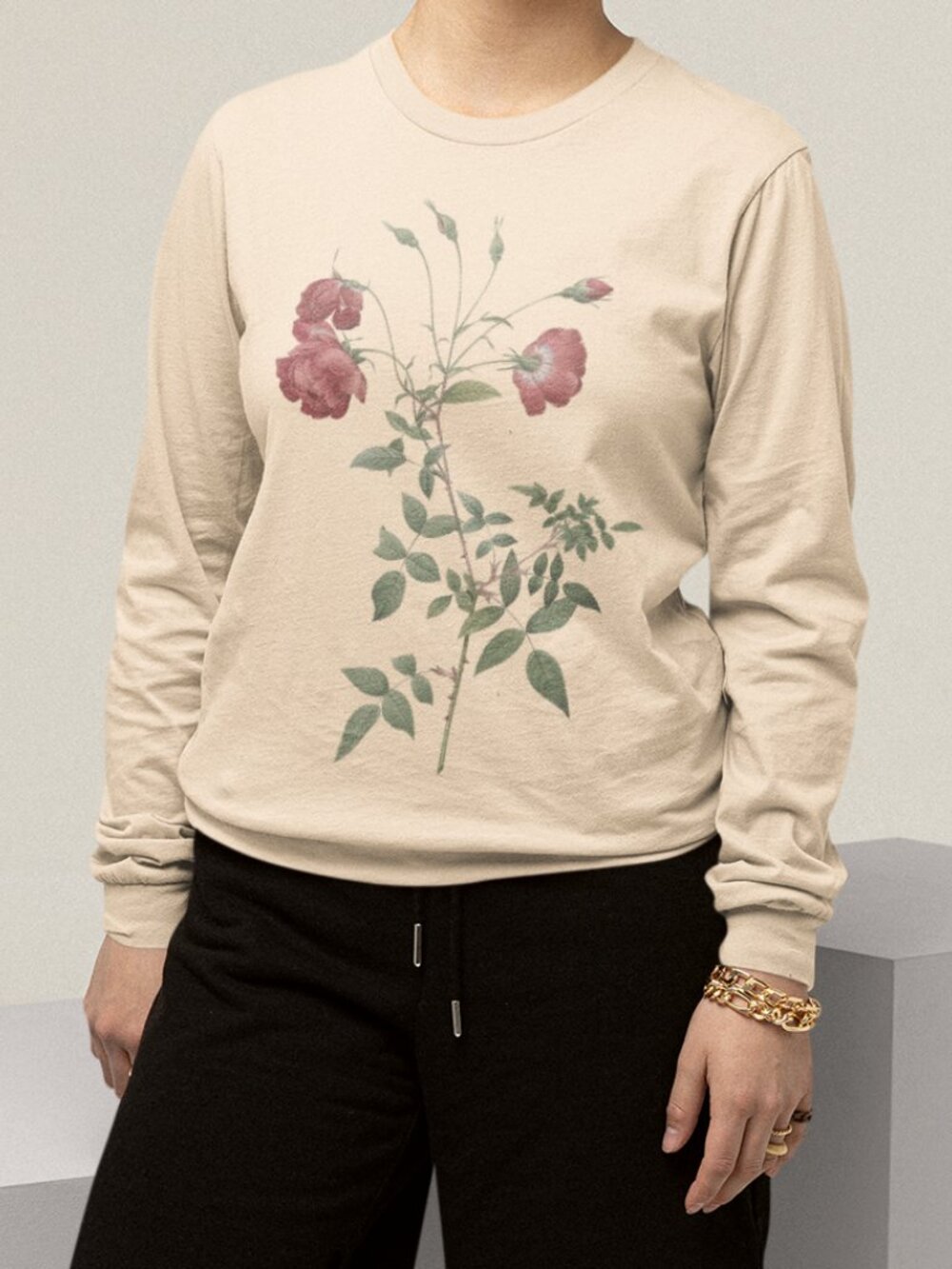 Rose Vintage Floral Print Long Sleeve Graphic Tee T-shirt S-XXL - Picture 4 of 6